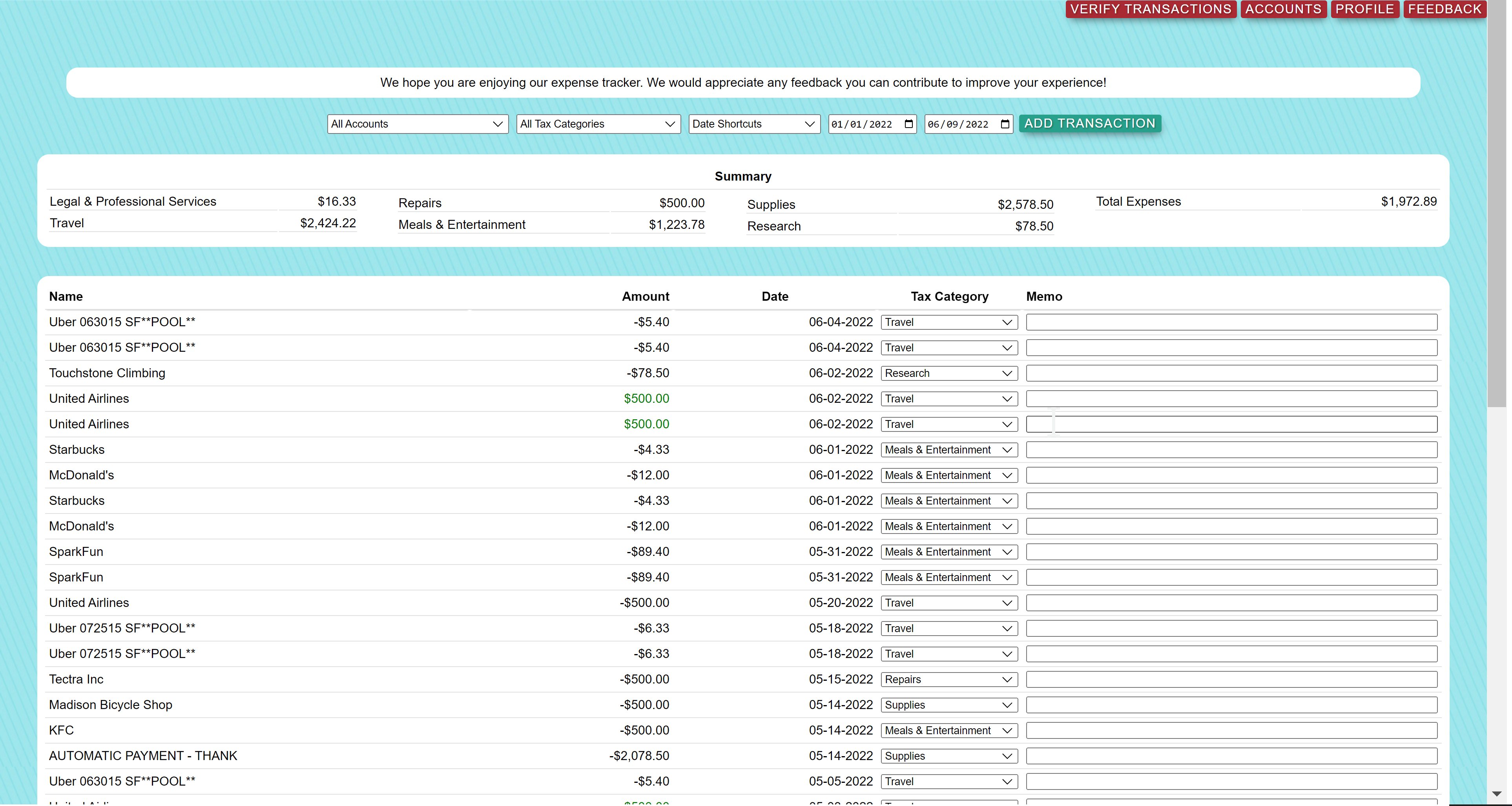 Expense Tracker Dashboard showing data filters and several rows of transaction data along with tax categories.
